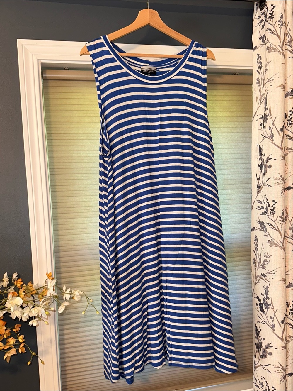 Blue and White Striped Sleeveless Midi Dress